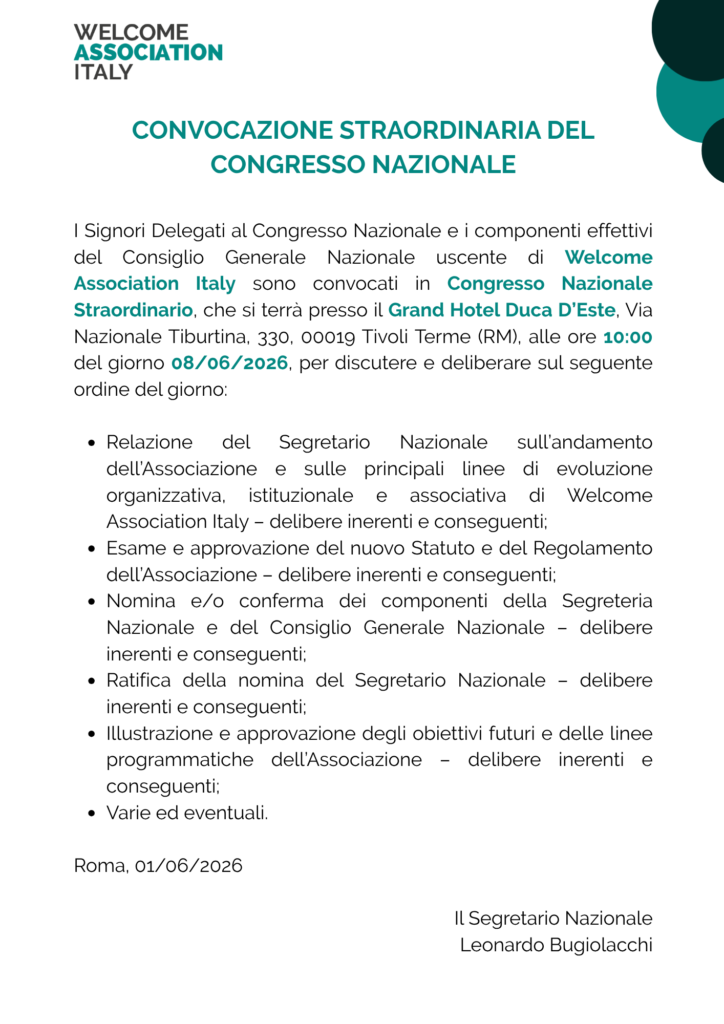 Convocazione del Congresso Nazionale Straordinario di Welcome Association Italy